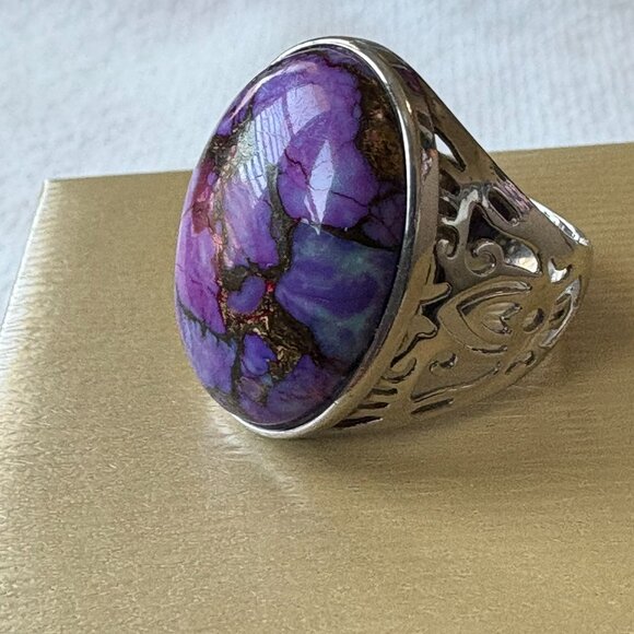 Purple Turquoise Statement Ring 925 Sterling Silver - Picture 10 of 15